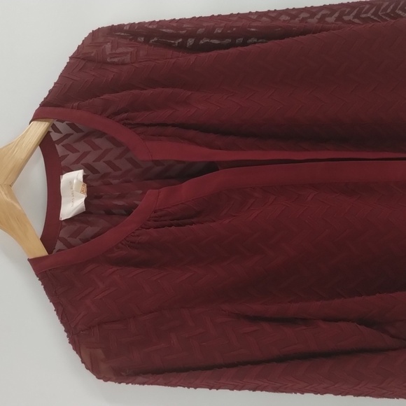 Skies are Blue maroon zig zag texture blouse size medium sheer sleeves and back - Picture 2 of 9